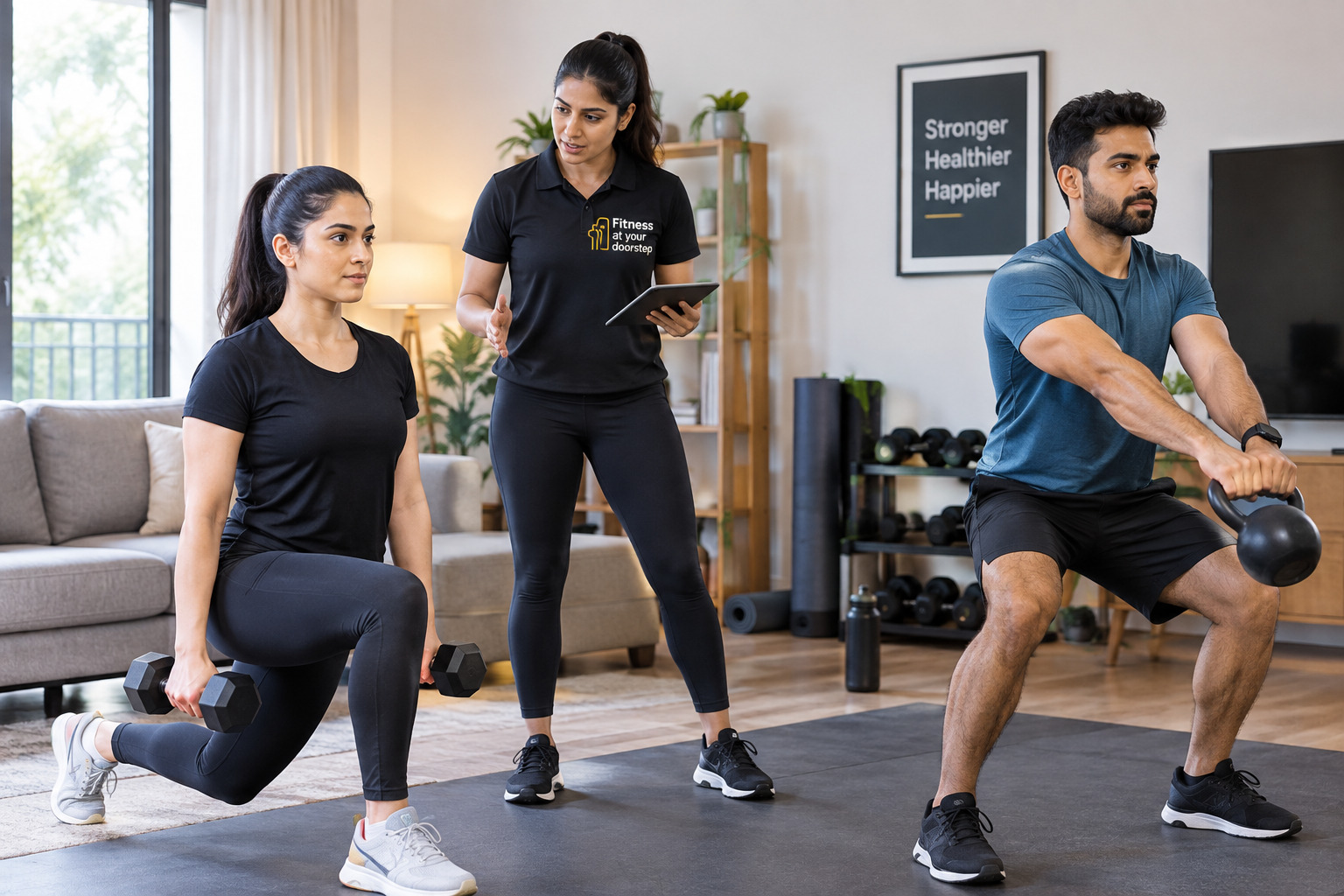 Indian personal trainer coaching a couple at home